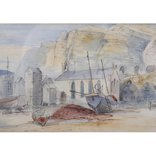 722 - Zacharia Brown, Hastings fishing huts and beached fishing boat, circa 1875, 14cm x 23cm, framed