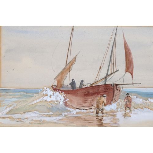 722 - Zacharia Brown, Hastings fishing huts and beached fishing boat, circa 1875, 14cm x 23cm, framed