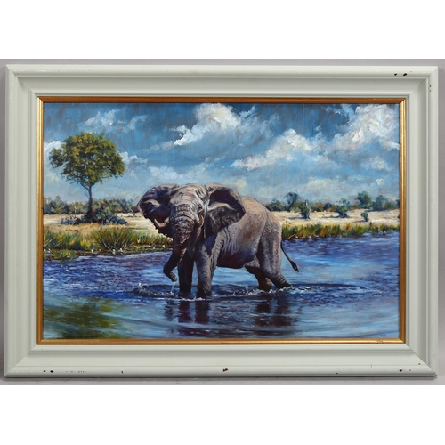 727 - G Hansh, bull elephant, oil on board, signed, 40cm x 60cm, framed