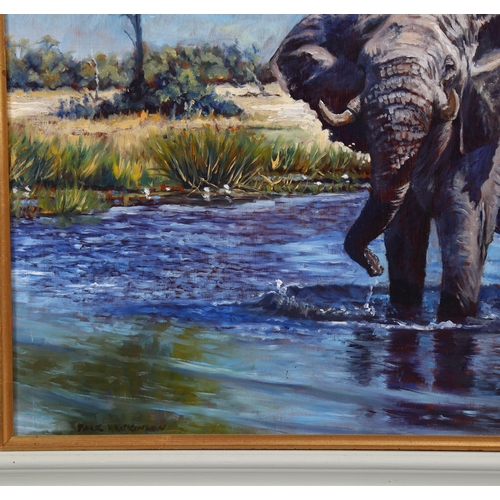 727 - G Hansh, bull elephant, oil on board, signed, 40cm x 60cm, framed