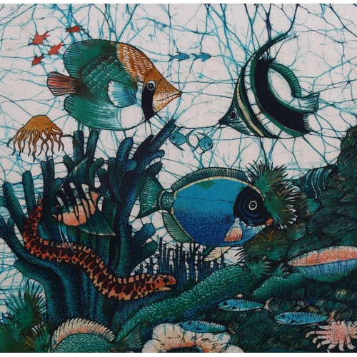 728 - Coral fish and reef, batik painting, overall frame dimensions 98cm x 63cm