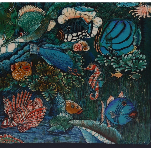 728 - Coral fish and reef, batik painting, overall frame dimensions 98cm x 63cm