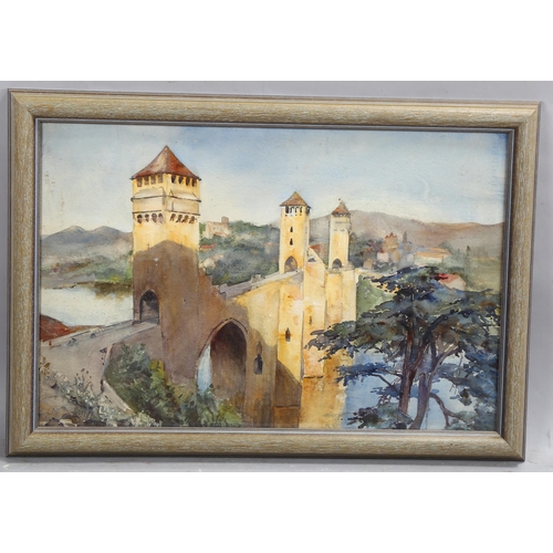 734 - French bridge at Turretet, early 20th century watercolour, unsigned, 37cm x 56cm, framed