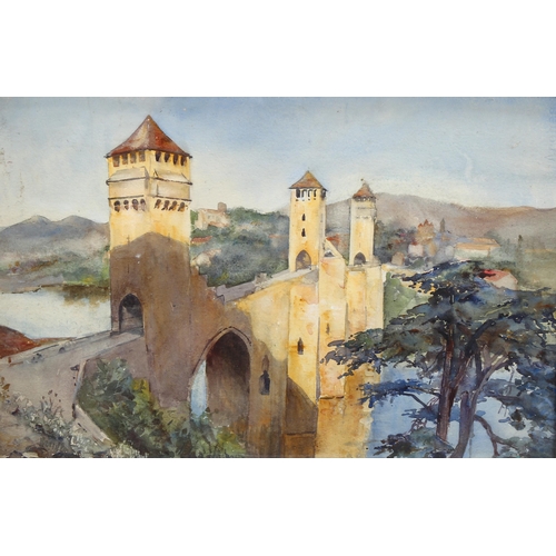 734 - French bridge at Turretet, early 20th century watercolour, unsigned, 37cm x 56cm, framed