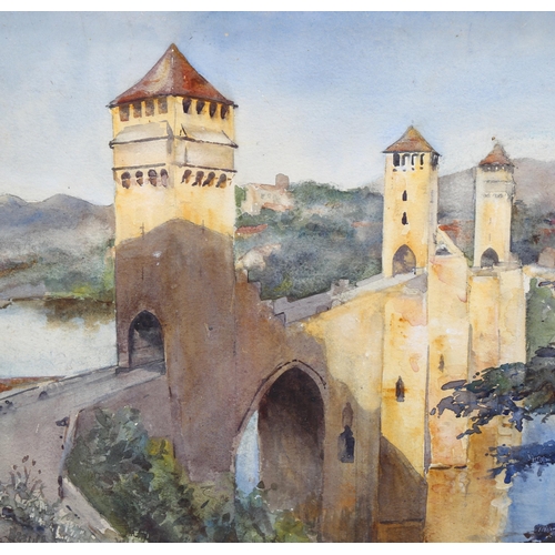 734 - French bridge at Turretet, early 20th century watercolour, unsigned, 37cm x 56cm, framed