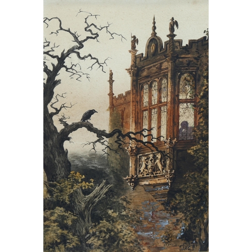 735 - J H Carter, Gothic buildings and crow, watercolour, signed with monogram, 32cm x 21cm, framed