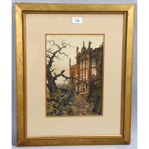 735 - J H Carter, Gothic buildings and crow, watercolour, signed with monogram, 32cm x 21cm, framed