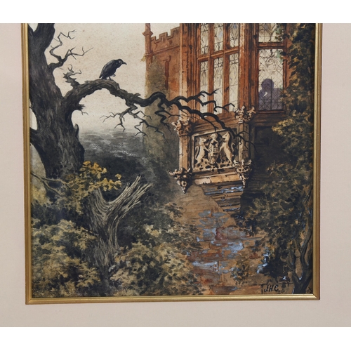 735 - J H Carter, Gothic buildings and crow, watercolour, signed with monogram, 32cm x 21cm, framed