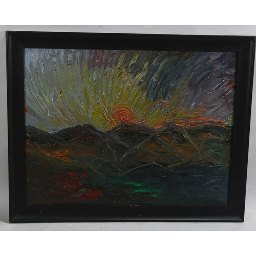 742 - Rising sun, contemporary oil on canvas, inscribed verso, 50cm x 65cm, framed