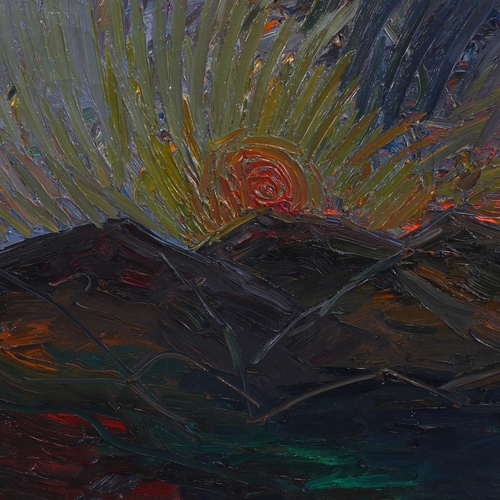 742 - Rising sun, contemporary oil on canvas, inscribed verso, 50cm x 65cm, framed