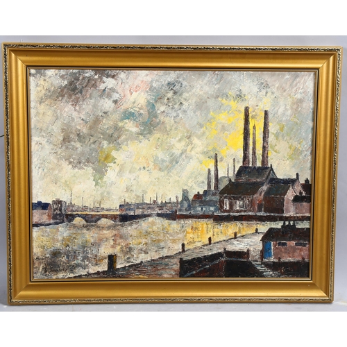 743 - Mid-20th century industrial landscape, oil on board, indistinctly signed, 45cm x 60cm, framed