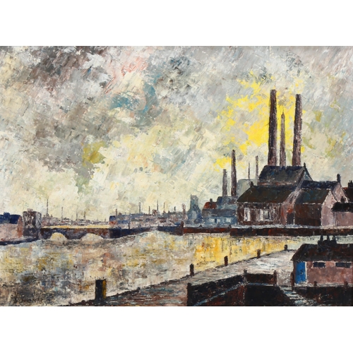 743 - Mid-20th century industrial landscape, oil on board, indistinctly signed, 45cm x 60cm, framed