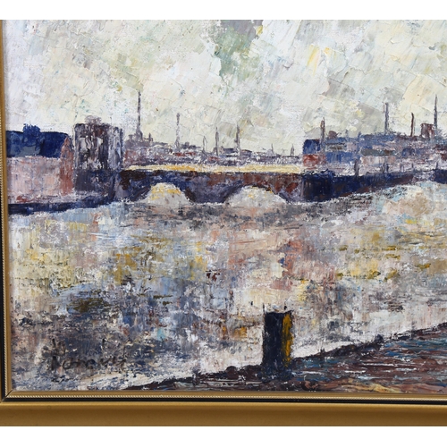 743 - Mid-20th century industrial landscape, oil on board, indistinctly signed, 45cm x 60cm, framed