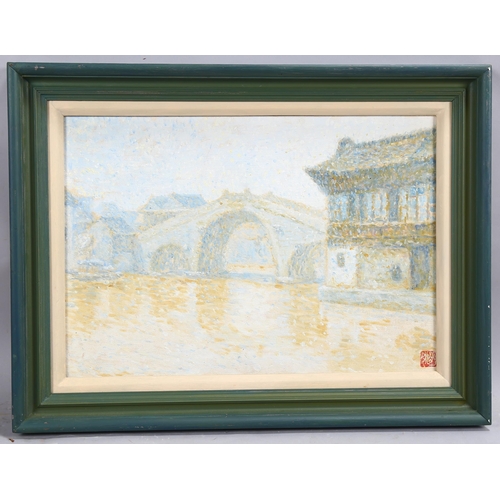 748 - Contemporary impressionist river scene, indistinct signature, 37cm x 51cm, framed