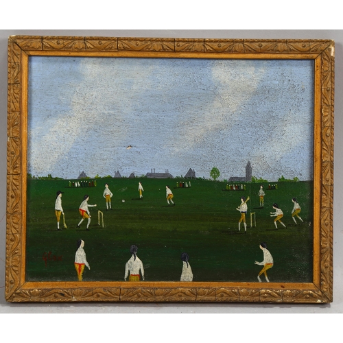 749 - An early cricket match, contemporary oil on board, indistinctly signed, 18cm x 23cm, framed