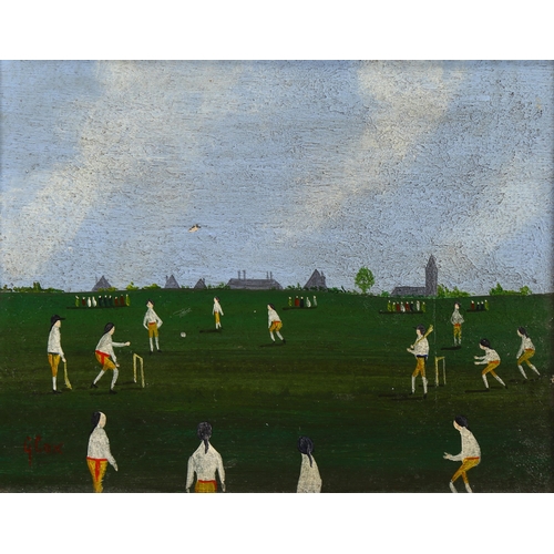 749 - An early cricket match, contemporary oil on board, indistinctly signed, 18cm x 23cm, framed