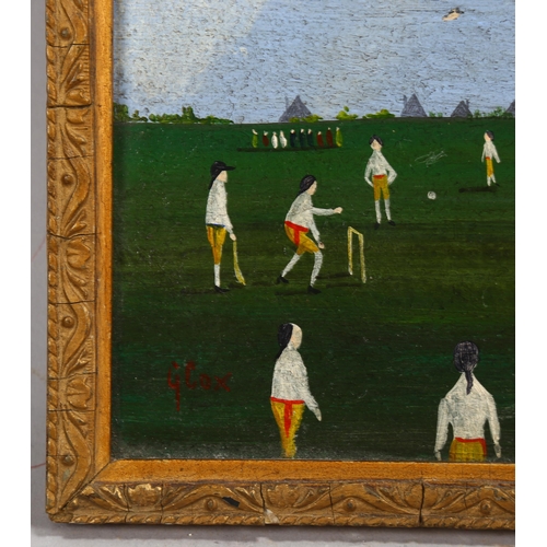 749 - An early cricket match, contemporary oil on board, indistinctly signed, 18cm x 23cm, framed