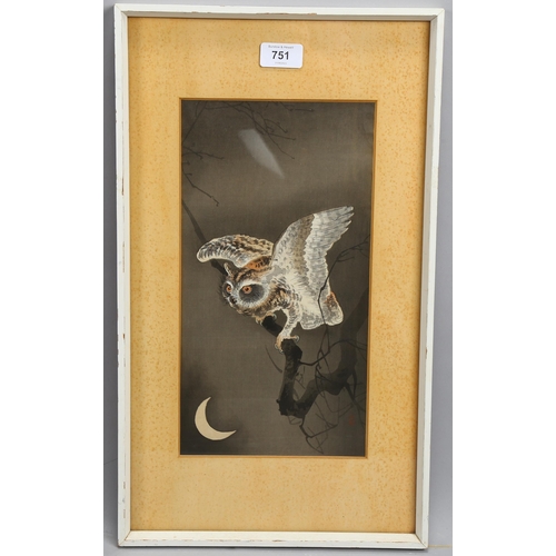 751 - Ohara Koson, Japanese woodblock print, owl and moon, 34cm x 17cm, framed