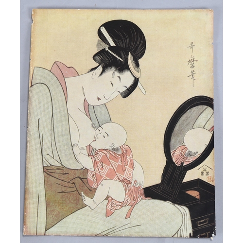 752 - Kitagawa, Japanese woodblock print, woman nursing a baby, 26cm x 21cm, unframed