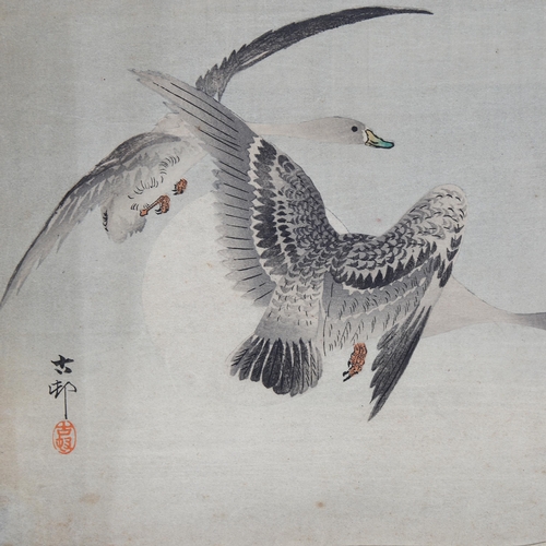 753 - Ohara Koson, Japanese woodblock print, 2 geese, 23cm x 25cm, unframed