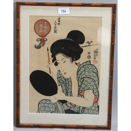 754 - Utigawa Kunisada, Japanese woodblock print, woman applying make-up, 34cm x 25cm, framed