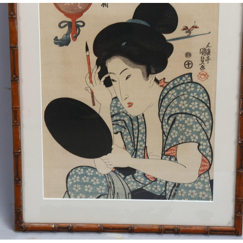 754 - Utigawa Kunisada, Japanese woodblock print, woman applying make-up, 34cm x 25cm, framed