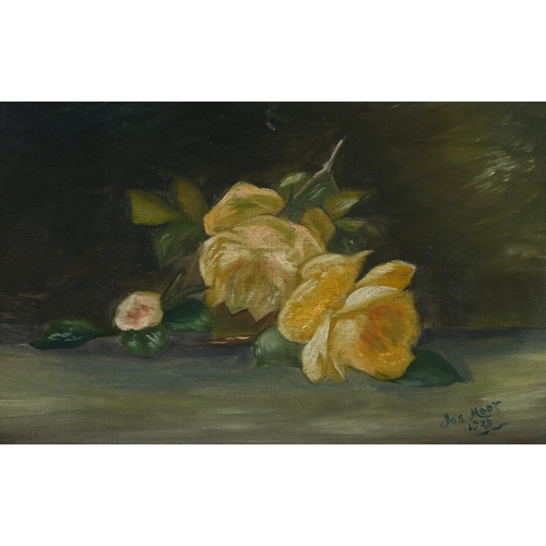 756 - Jos Moor, still life rose, oil on canvas, 1898, signed, 23cm x 36cm, framed