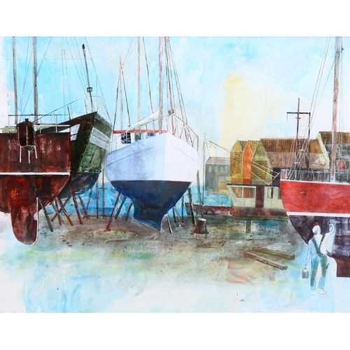 763 - Lionel Burdge, Falmouth boatyard, collage and acrylic inks, 75cm x 87cm, framed