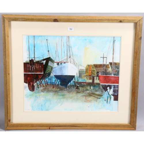 763 - Lionel Burdge, Falmouth boatyard, collage and acrylic inks, 75cm x 87cm, framed