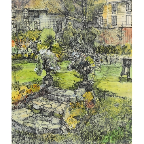 765 - 20th century country garden scene, ink/watercolour, unsigned, 42cm x 35cm, framed