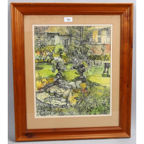 765 - 20th century country garden scene, ink/watercolour, unsigned, 42cm x 35cm, framed