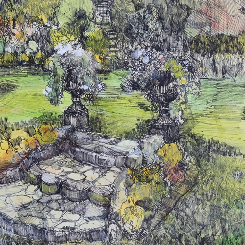 765 - 20th century country garden scene, ink/watercolour, unsigned, 42cm x 35cm, framed