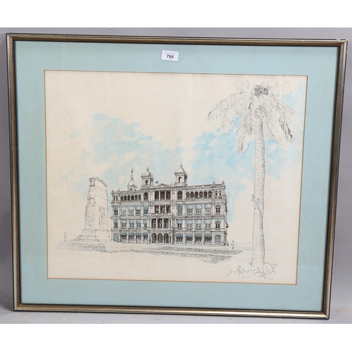 766 - Colonial building and cenotaph, possibly Hong Kong, ink and watercolour, unsigned, 50cm x 60cm, fram... 