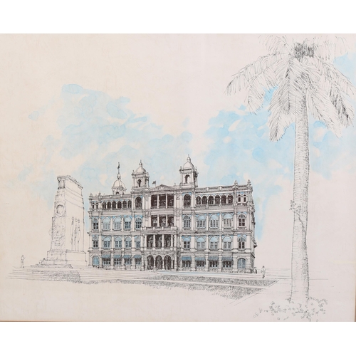 766 - Colonial building and cenotaph, possibly Hong Kong, ink and watercolour, unsigned, 50cm x 60cm, fram... 