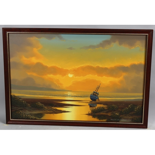 767 - Maurice Bishop, sunset shore scene, 1981, signed, 50cm x 75cm, framed