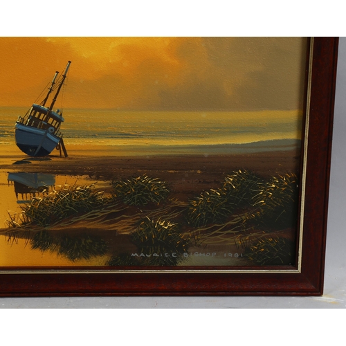 767 - Maurice Bishop, sunset shore scene, 1981, signed, 50cm x 75cm, framed