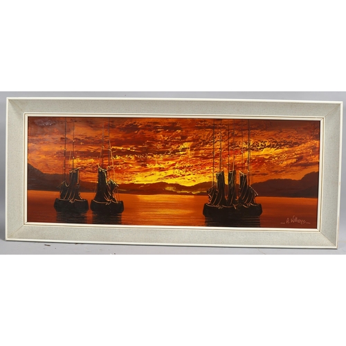 768 - A Williams, sunset boating scene, circa 1970, oil on canvas, signed, 38cm x 102cm, framed