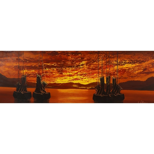 768 - A Williams, sunset boating scene, circa 1970, oil on canvas, signed, 38cm x 102cm, framed