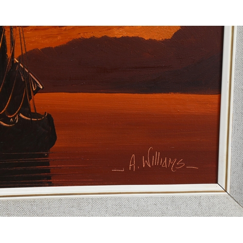 768 - A Williams, sunset boating scene, circa 1970, oil on canvas, signed, 38cm x 102cm, framed