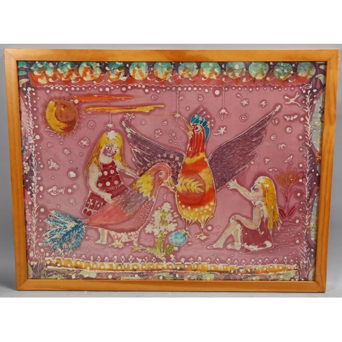 770 - Kitty French, children and birds, batik painting on linen, 59cm x 79cm, framed