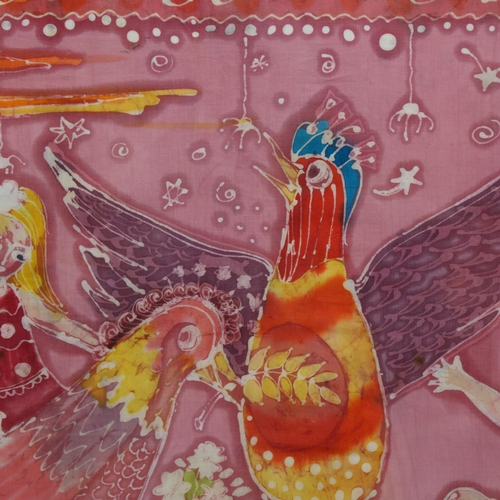 770 - Kitty French, children and birds, batik painting on linen, 59cm x 79cm, framed