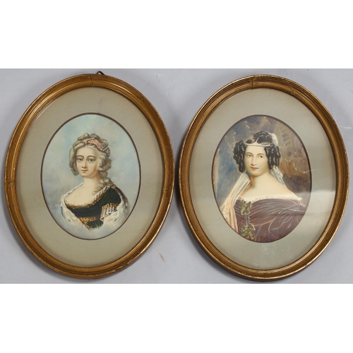 772 - Pair of 19th century miniature portraits of young women, watercolours, unsigned, image 15cm x 11cm, ... 