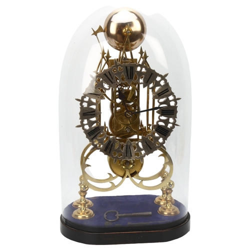 10 - A Victorian brass skeleton clock under glass dome, single fusee 8-day movement striking on a bell, w... 