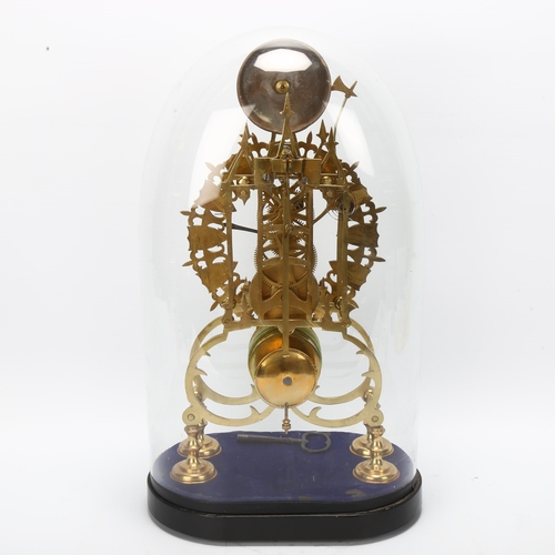 10 - A Victorian brass skeleton clock under glass dome, single fusee 8-day movement striking on a bell, w... 