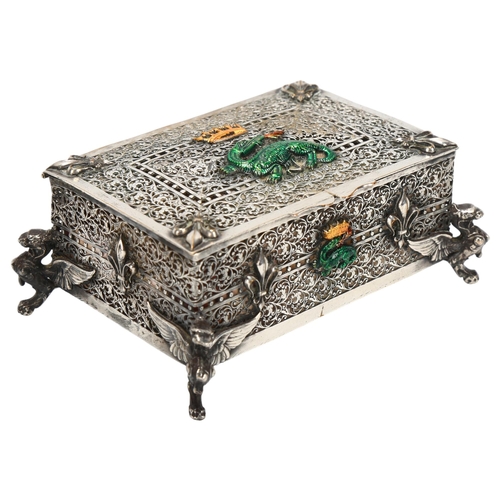 101 - A French cut-steel filigree jewel box, on cast griffon feet, width excluding projecting feet 9.5cm