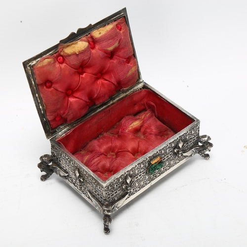 101 - A French cut-steel filigree jewel box, on cast griffon feet, width excluding projecting feet 9.5cm