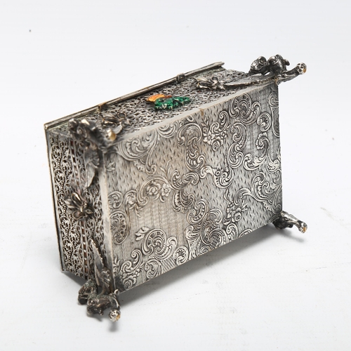 101 - A French cut-steel filigree jewel box, on cast griffon feet, width excluding projecting feet 9.5cm