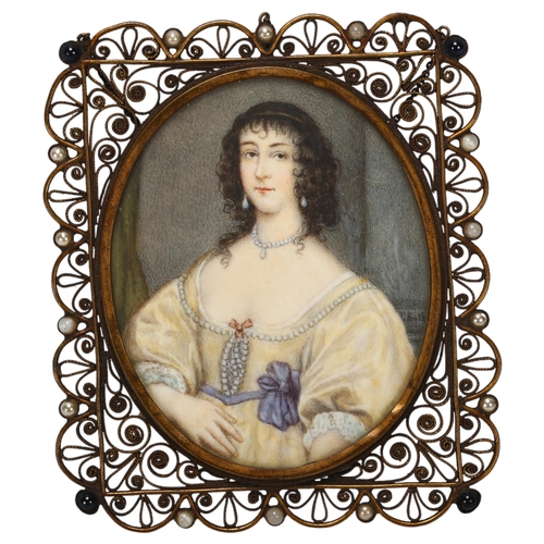 103 - Henrietta Maria, miniature portrait, watercolour on ivory, by Thomas Roth, signed, in original pearl... 