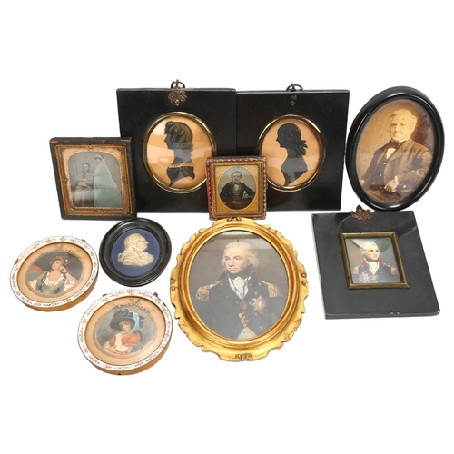 104 - A group of miniature portraits, silhouettes daguerrotype photographs, including a pair of prints in ... 