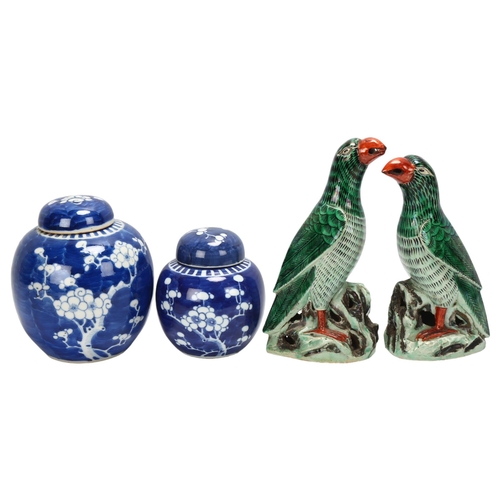 107 - A pair of Chinese porcelain parrots, height 21cm, and 2 similar Chinese blue and white porcelain gin... 